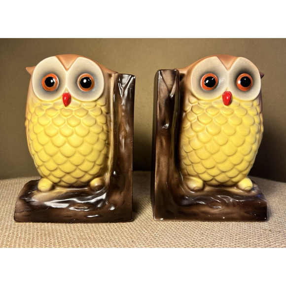 Vintage 1960's Hand Painted Owl Ceramic Bookends Made in Japan - Picture 1 of 12